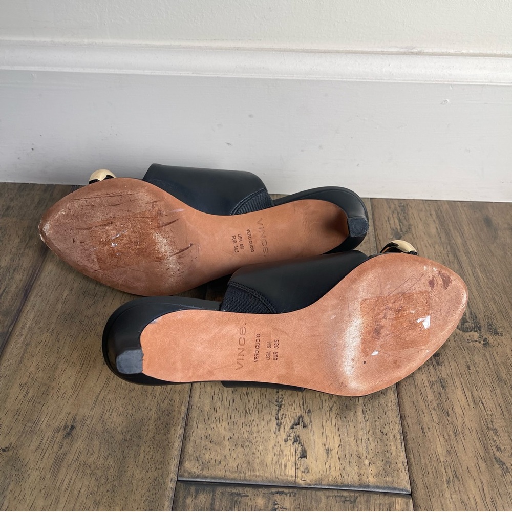 Vince Suzie Almond Toe Kitten Heel Sandals Mule Black Leather 38.5 - Picture 10 of 11